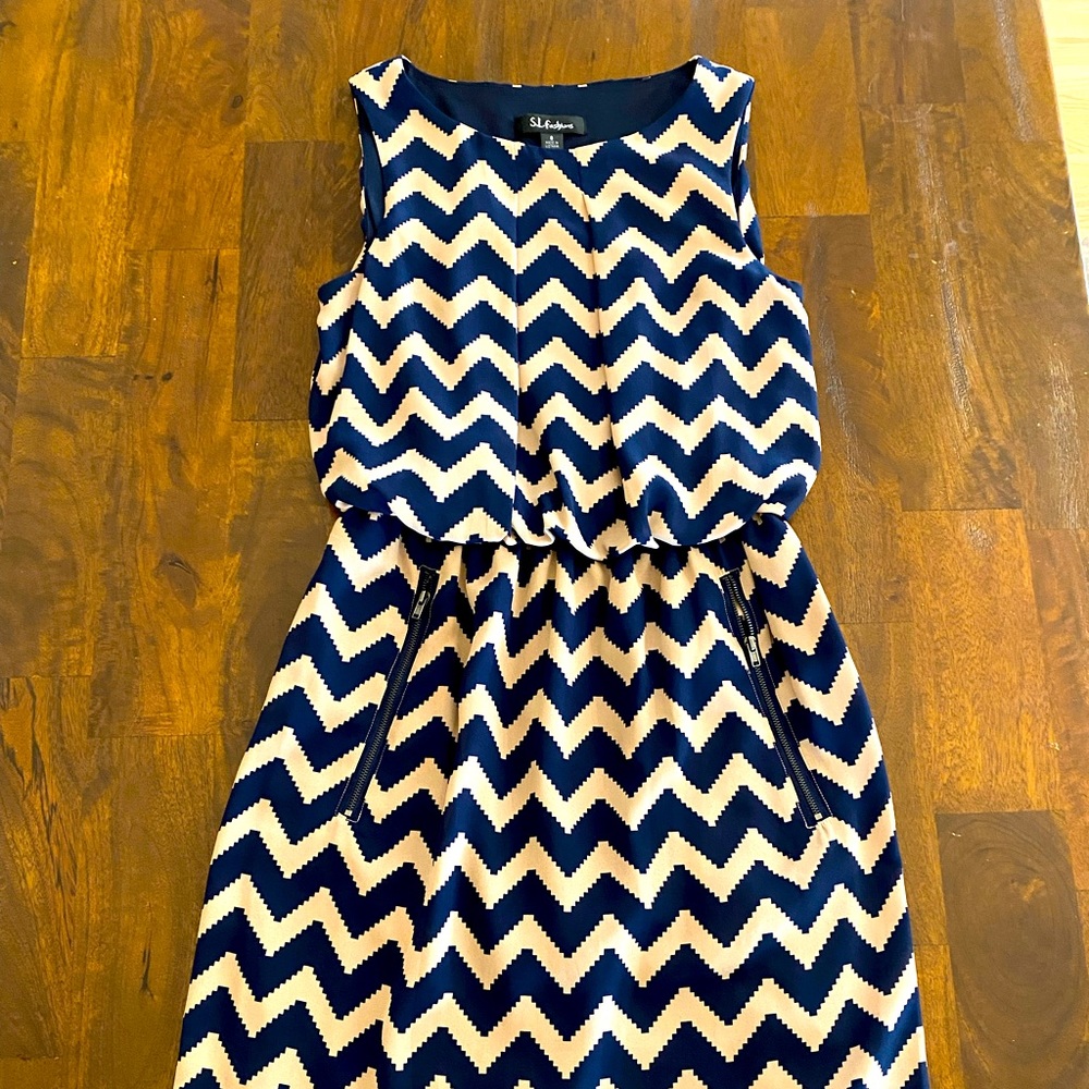 SL fashions - navy and tan chevron dress